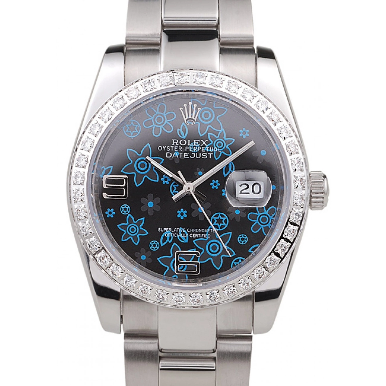 Dial Plated Stainless Steel Datejust Rolex Dark Diamond Polished Flowers Blue 0825